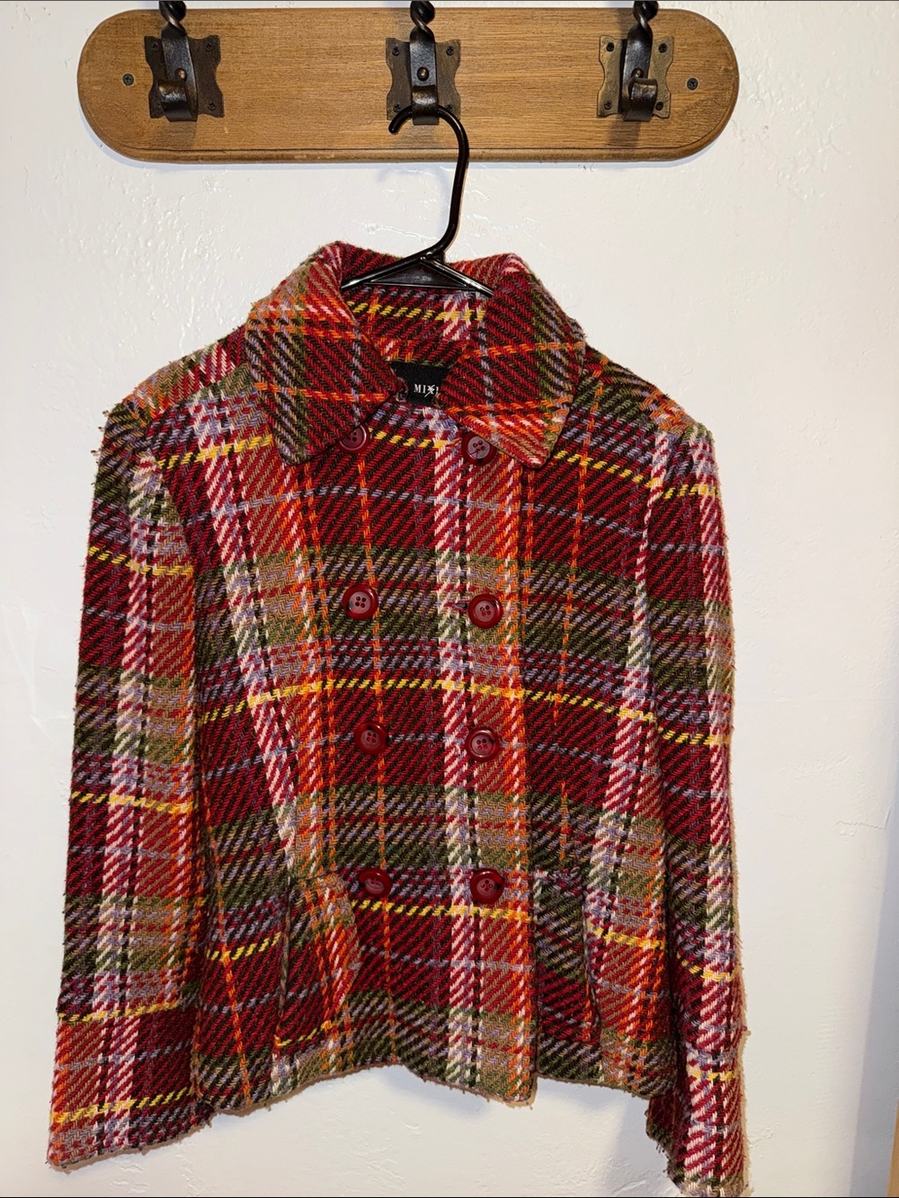 Mixit Red Multi Plaid Double-Breasted Pea Coat
